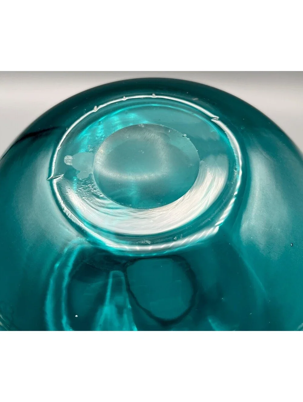 Studio Art Glass Hand Blown Teal Vase Collapsed Pinched Rim Polished Pontil